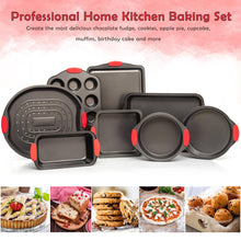 Load image into Gallery viewer, 9 Piece Baking Pans Set Non Stick, Oven Safe Baking Sheet Set Carbon Steel Non-Stick PTFE Coating, Bakeware Set With Heat Red Silicone Handles, Black Baking Trays For Oven