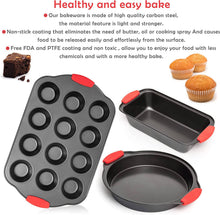 Load image into Gallery viewer, 9 Piece Baking Pans Set Non Stick, Oven Safe Baking Sheet Set Carbon Steel Non-Stick PTFE Coating, Bakeware Set With Heat Red Silicone Handles, Black Baking Trays For Oven