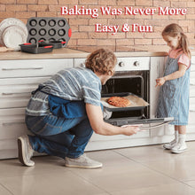 Load image into Gallery viewer, 9 Piece Baking Pans Set Non Stick, Oven Safe Baking Sheet Set Carbon Steel Non-Stick PTFE Coating, Bakeware Set With Heat Red Silicone Handles, Black Baking Trays For Oven