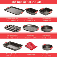 Load image into Gallery viewer, 9 Piece Baking Pans Set Non Stick, Oven Safe Baking Sheet Set Carbon Steel Non-Stick PTFE Coating, Bakeware Set With Heat Red Silicone Handles, Black Baking Trays For Oven