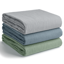 Load image into Gallery viewer, Muslin Swaddle Blankets Pack of 3 by Comfy Cubs: Heather Blue - Pacific Blue - Fern KO