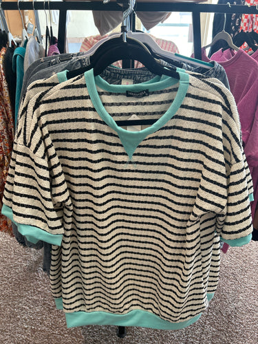 Striped top with blue trim