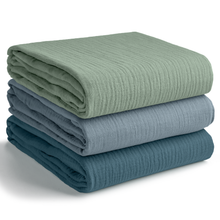 Load image into Gallery viewer, Muslin Swaddle Blankets Pack of 3 by Comfy Cubs: Heather Blue - Pacific Blue - Fern KO