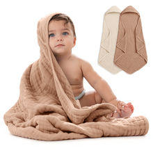 Load image into Gallery viewer, Hooded Baby Towel, 6 Layer 100% Muslin Cotton by Comfy Cubs: Cedar and Sand / Pack of 2 KO