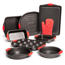 Load image into Gallery viewer, 9 Piece Baking Pans Set Non Stick, Oven Safe Baking Sheet Set Carbon Steel Non-Stick PTFE Coating, Bakeware Set With Heat Red Silicone Handles, Black Baking Trays For Oven