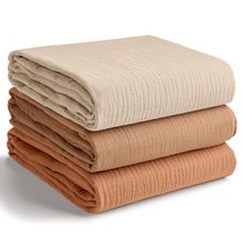 Load image into Gallery viewer, Muslin Swaddle Blankets Pack of 3 by Comfy Cubs: Heather Blue - Pacific Blue - Fern KO