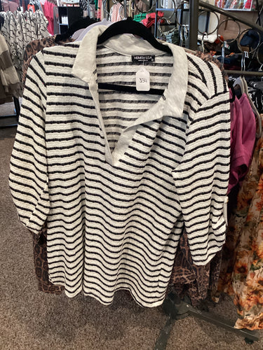 Collared Black And White Striped Top