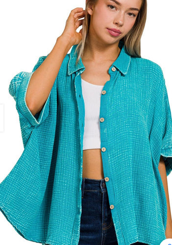 Zenana blue button up gauze