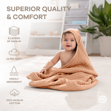 Load image into Gallery viewer, Hooded Baby Towel, 6 Layer 100% Muslin Cotton by Comfy Cubs: Cedar and Sand / Pack of 2 KO