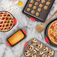 Load image into Gallery viewer, 9 Piece Baking Pans Set Non Stick, Oven Safe Baking Sheet Set Carbon Steel Non-Stick PTFE Coating, Bakeware Set With Heat Red Silicone Handles, Black Baking Trays For Oven