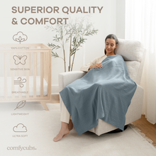 Load image into Gallery viewer, Muslin Swaddle Blankets Pack of 3 by Comfy Cubs: Heather Blue - Pacific Blue - Fern KO