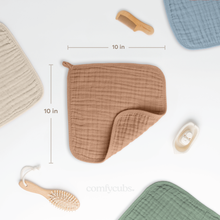 Load image into Gallery viewer, Muslin Baby Washcloths, Soft 10"x10" Cotton by Comfy Cubs: Sand / 6-Pack 10”X10” crews