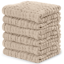 Load image into Gallery viewer, Muslin Baby Washcloths, Soft 10"x10" Cotton by Comfy Cubs: Sand / 6-Pack 10”X10” crews